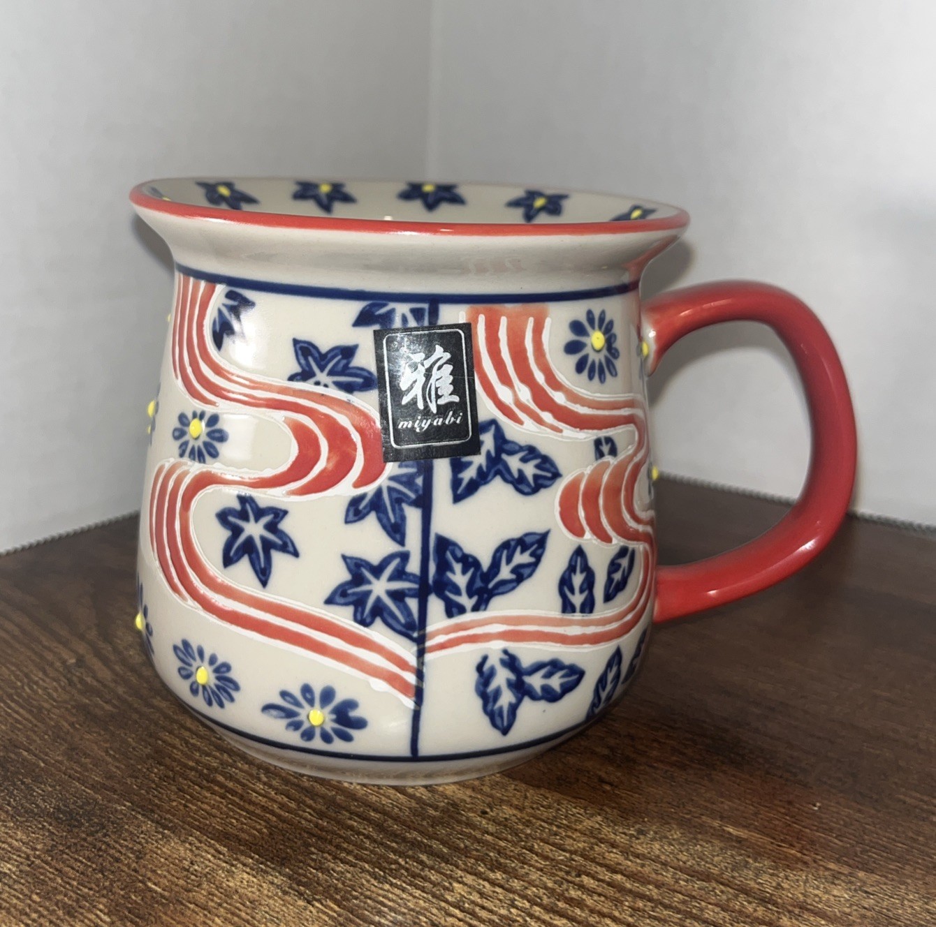 Yokohama Studio Coffee Mug Japan Hand Painted Red & Blue W/ Yellow Textured