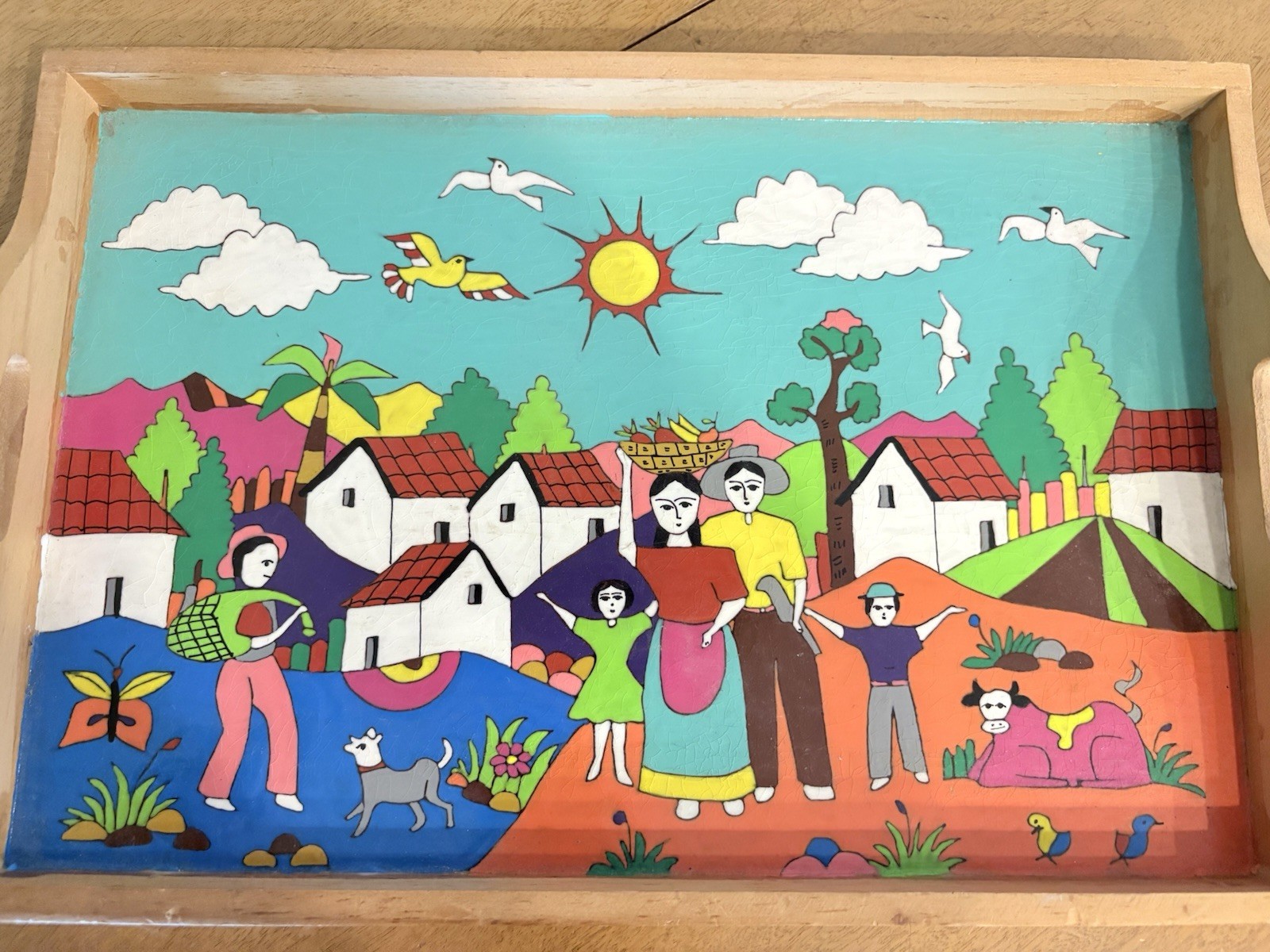 Vtg Colorful Folk Art Large Farm Village Scene Wood Serving Tray 15.75\