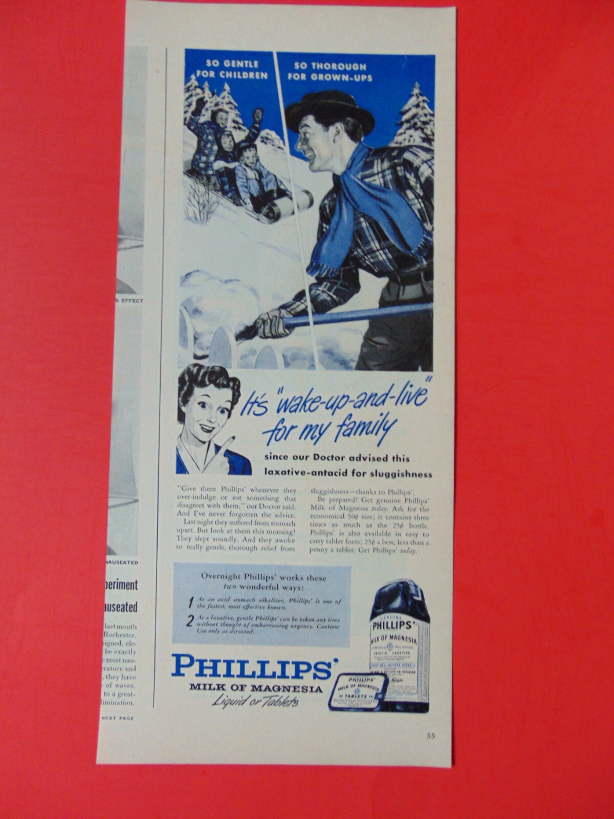 1947 PHILLIPS MILK OF MAGNESIA Wake-Up and Live art print ad