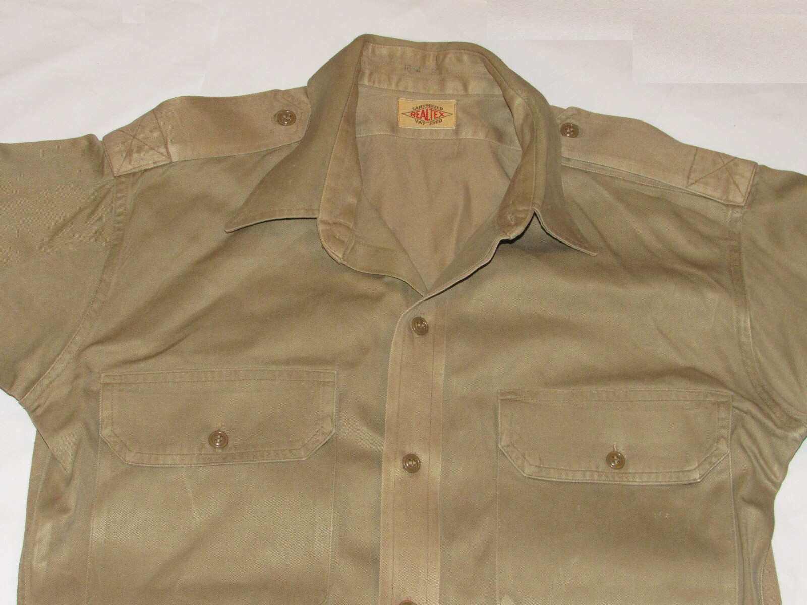 VINTAGE REEVES 1940s WWII KHAKI LONG SLEEVE SHIRT SANFORIZED/VAT DYED 16, 34