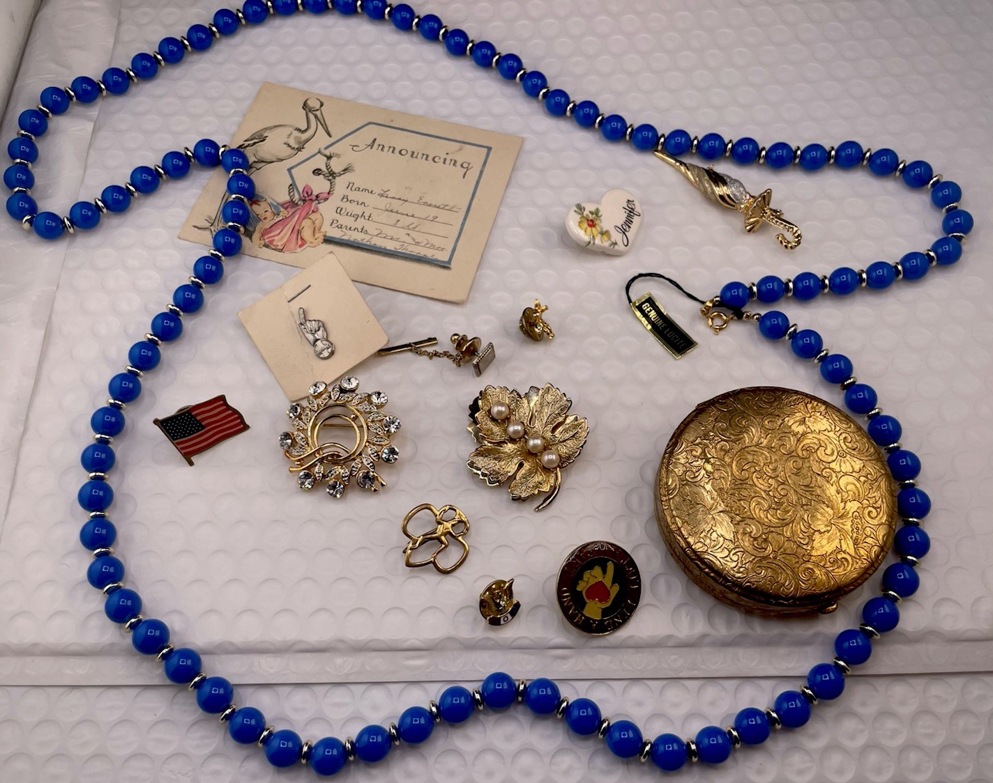 Grandmas Junk Drawer Lot Vintage Lucite Necklace Ephemera Brooch Makeup Holder