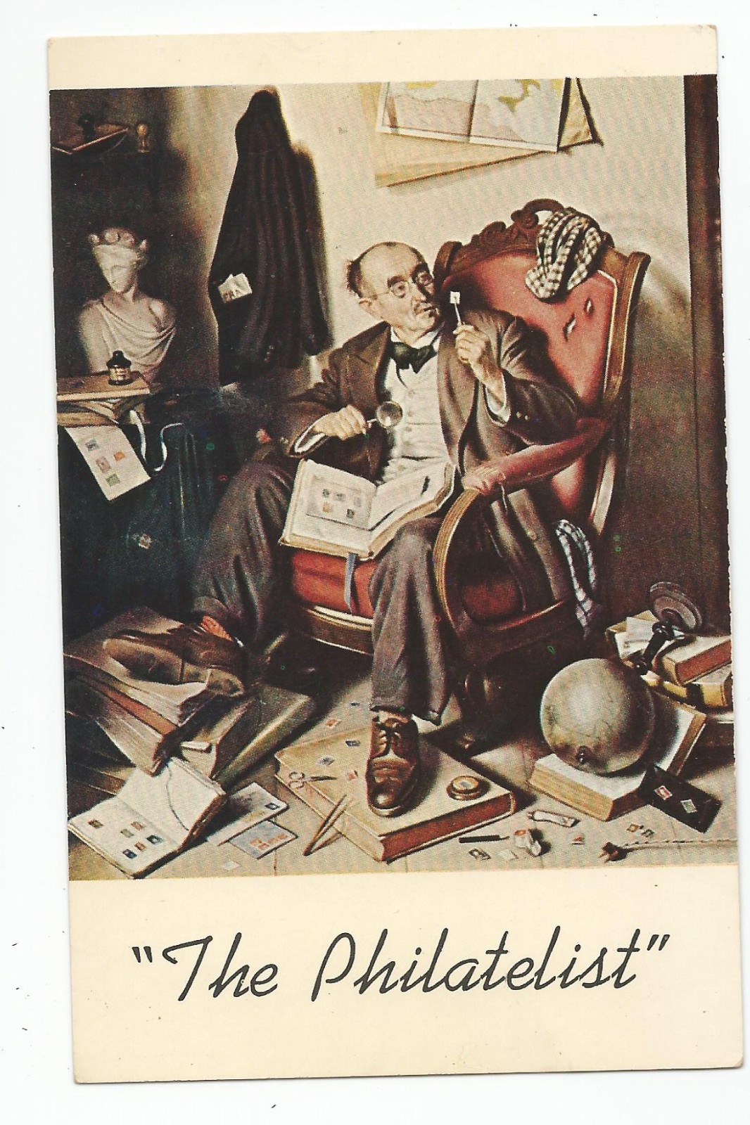 Art Postcard: The Philatelist, Elmont Stamp Co., New York City; Bixby Jet Oil