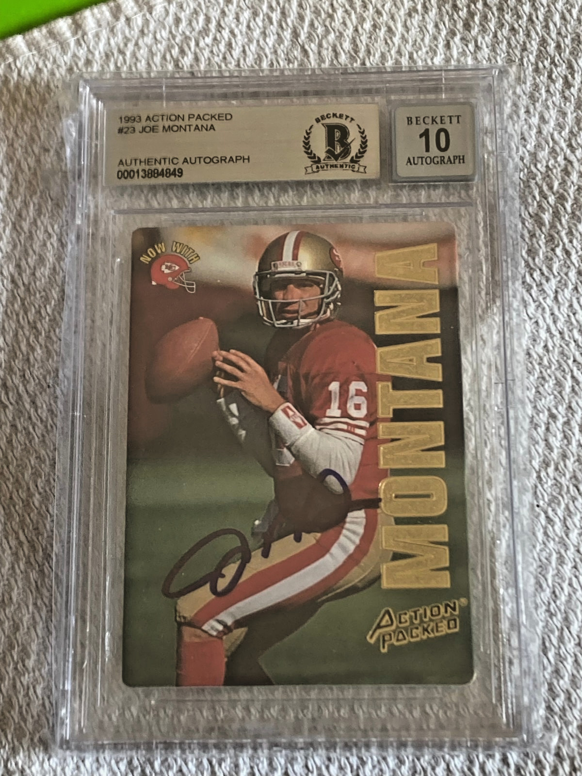 1993 Action Packed Joe Montana #23 Hand Signed Beckett Graded 10 Slabbed Card MT
