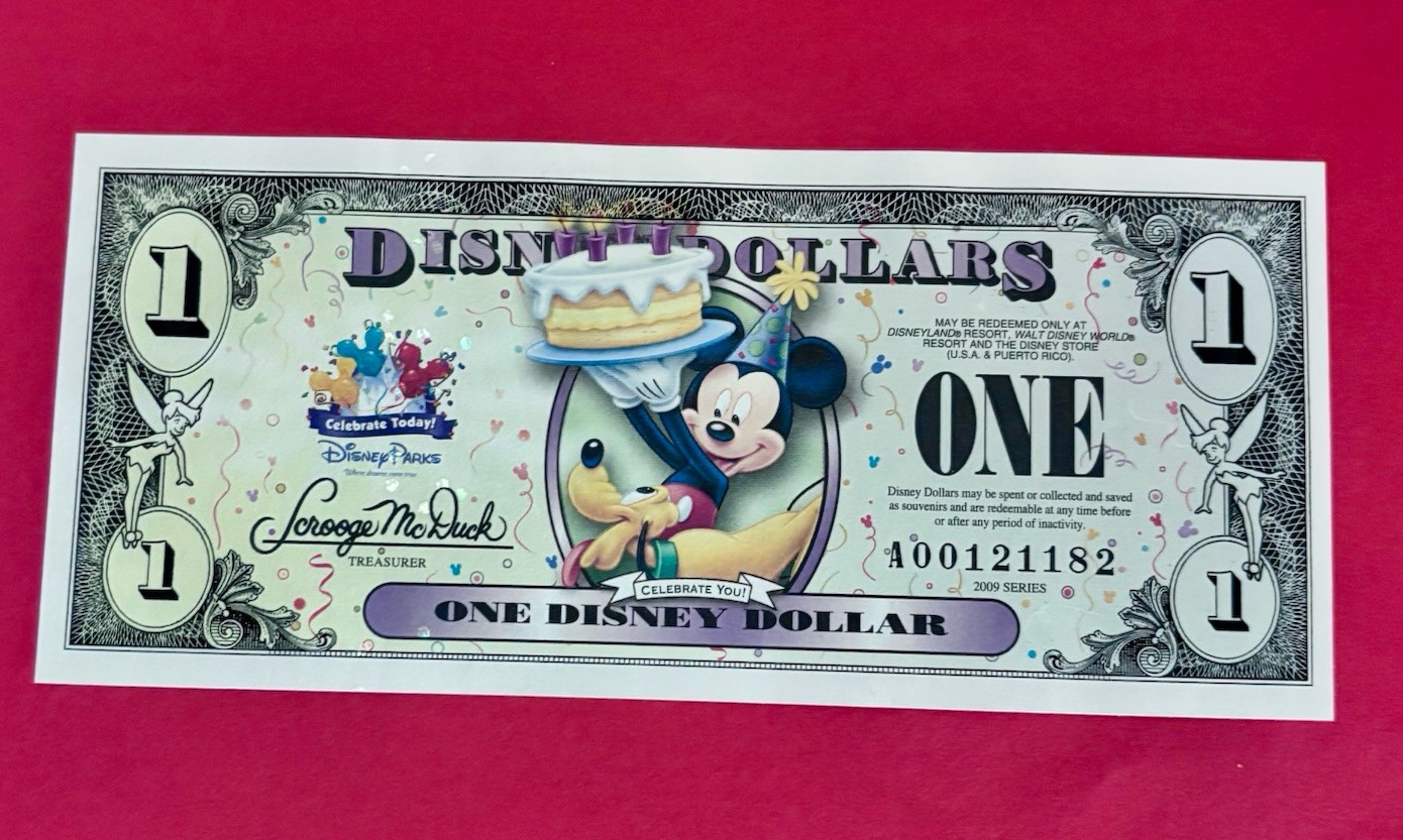 New Uncirculated, Disney Dollar $1 Note 2009 Series Mickey Mouse Disney Parks