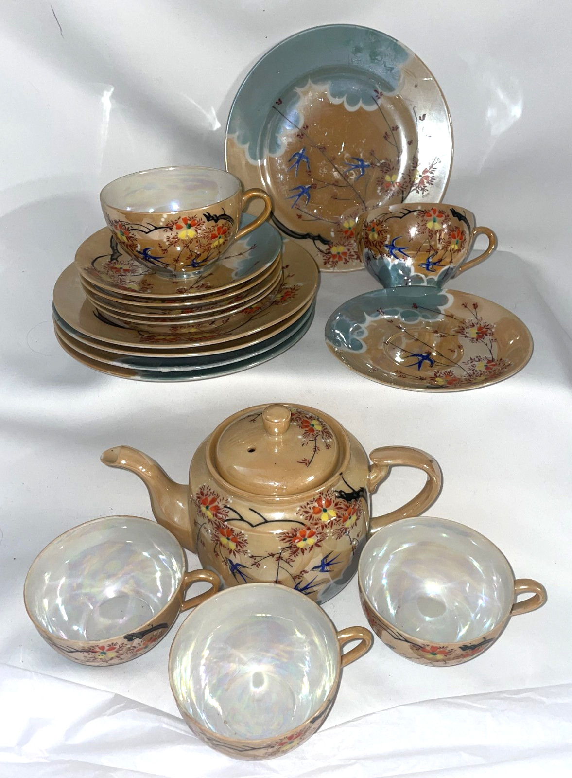 Japanese Hayasi Kutani Hand Painted Japan Tea Luncheon Set for 5 Delicate Teapot