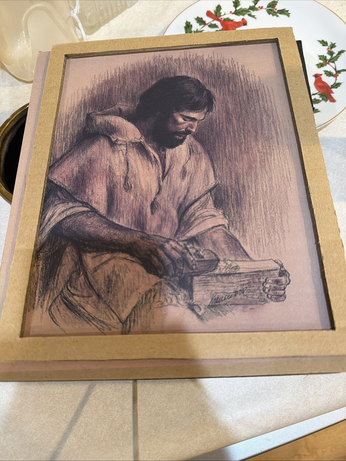 Frances Hook The Carpenter Drawing Jesus Print Wood framed Rare