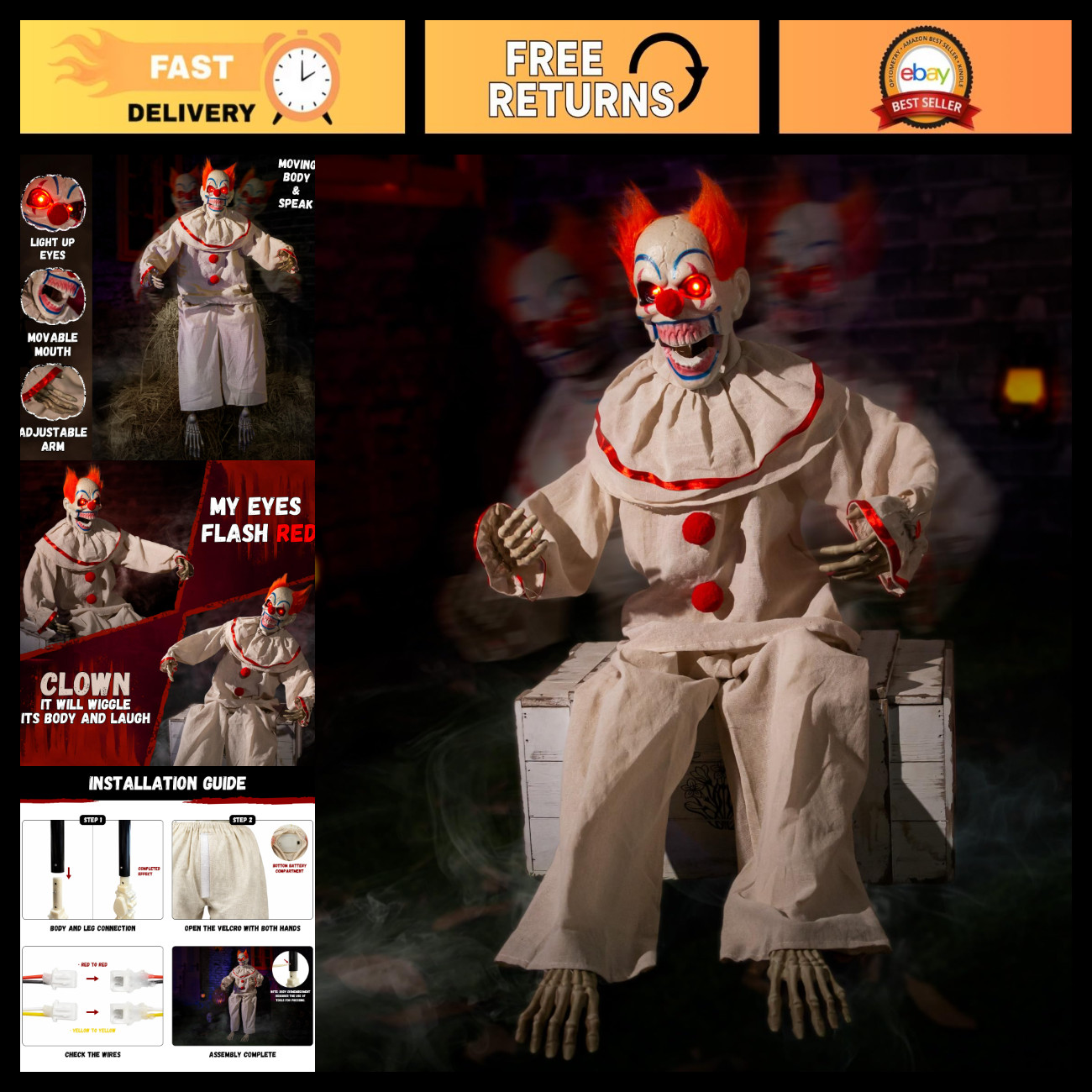 Creepy Animatronic Clown with Sound & Light Up Eyes - Halloween Scary Decor Prop