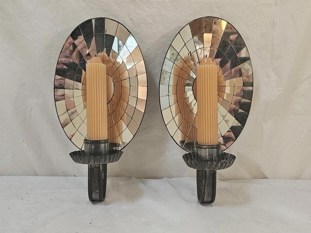 Vintage Colonial Revival Spider Web Mosaic Mirror Tole Candle Sconces Pair