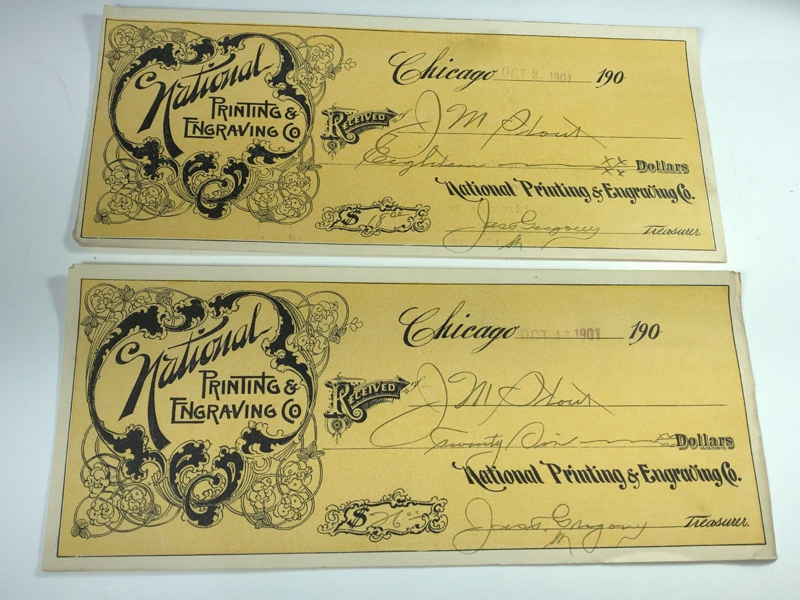 Chicago National Printing & Engraving Co. 1901 Two Checks