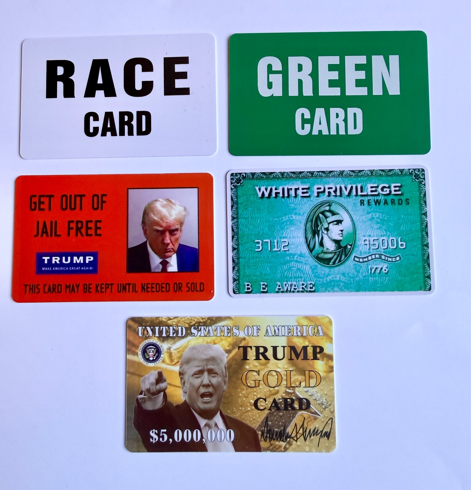 NEW 5 Card Lot Trump Gold Green Race Jail White Plastic  ICE MAGA Funny Gift