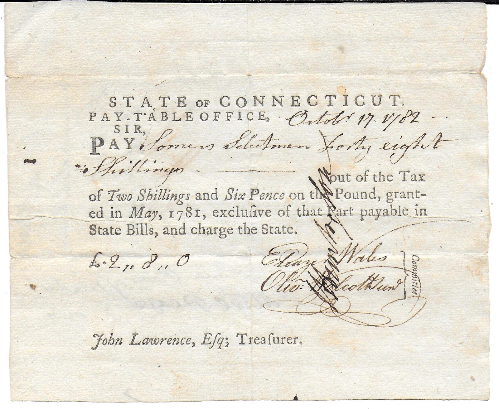 1782 Revolutionary War Pay Document – Signd by Jed Huntington, Wolcott & Wales