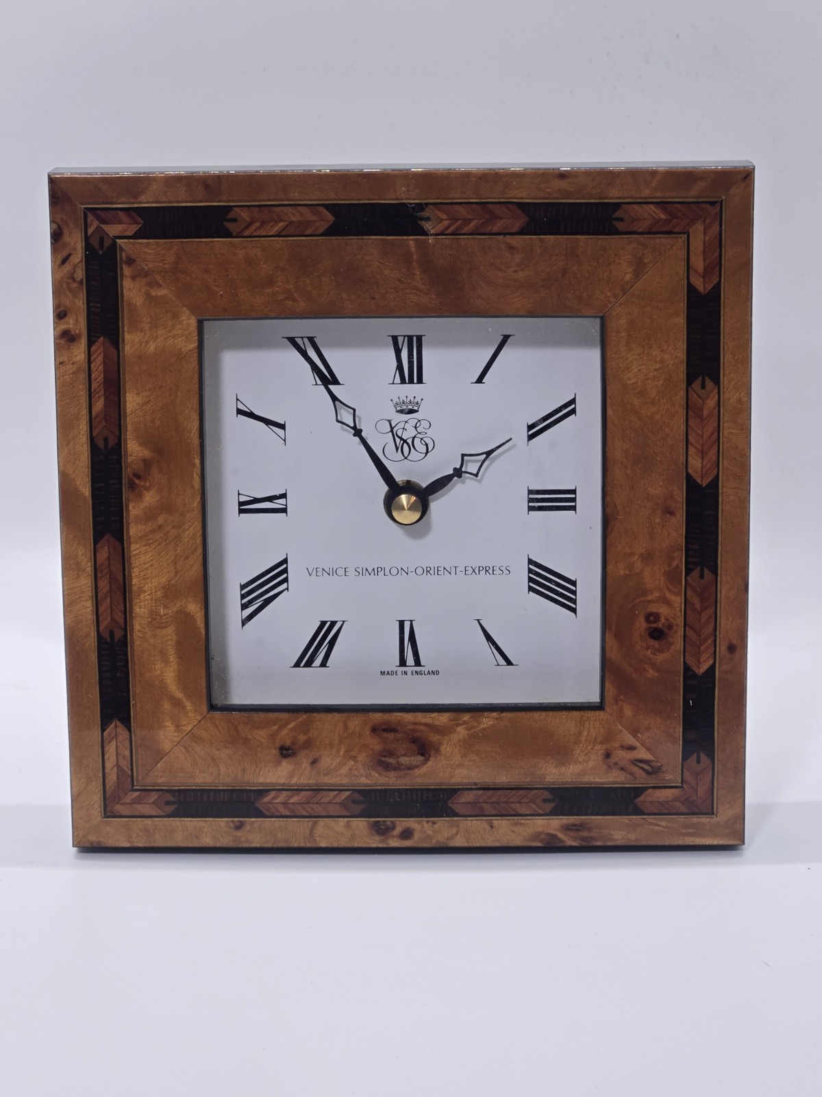 Vintage Venice Simplon Orient Express VSOE Inlaid Walnut Burl Desk Clock
