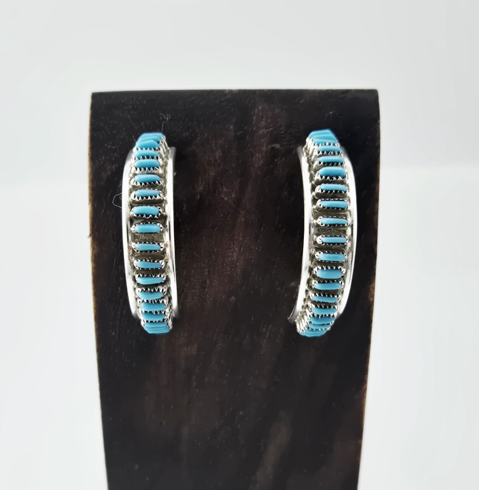 Vintage Zuni Turquoise Needlepoint Sterling Silver Half Hoop Earrings - 4.5g