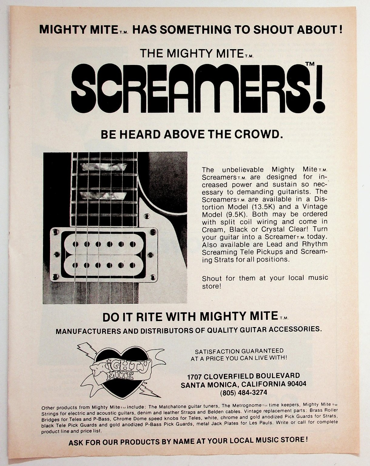 Mighty Mite Screamers Guitar Pickups Vintage 70s 80s Magazine Ad Humbucker