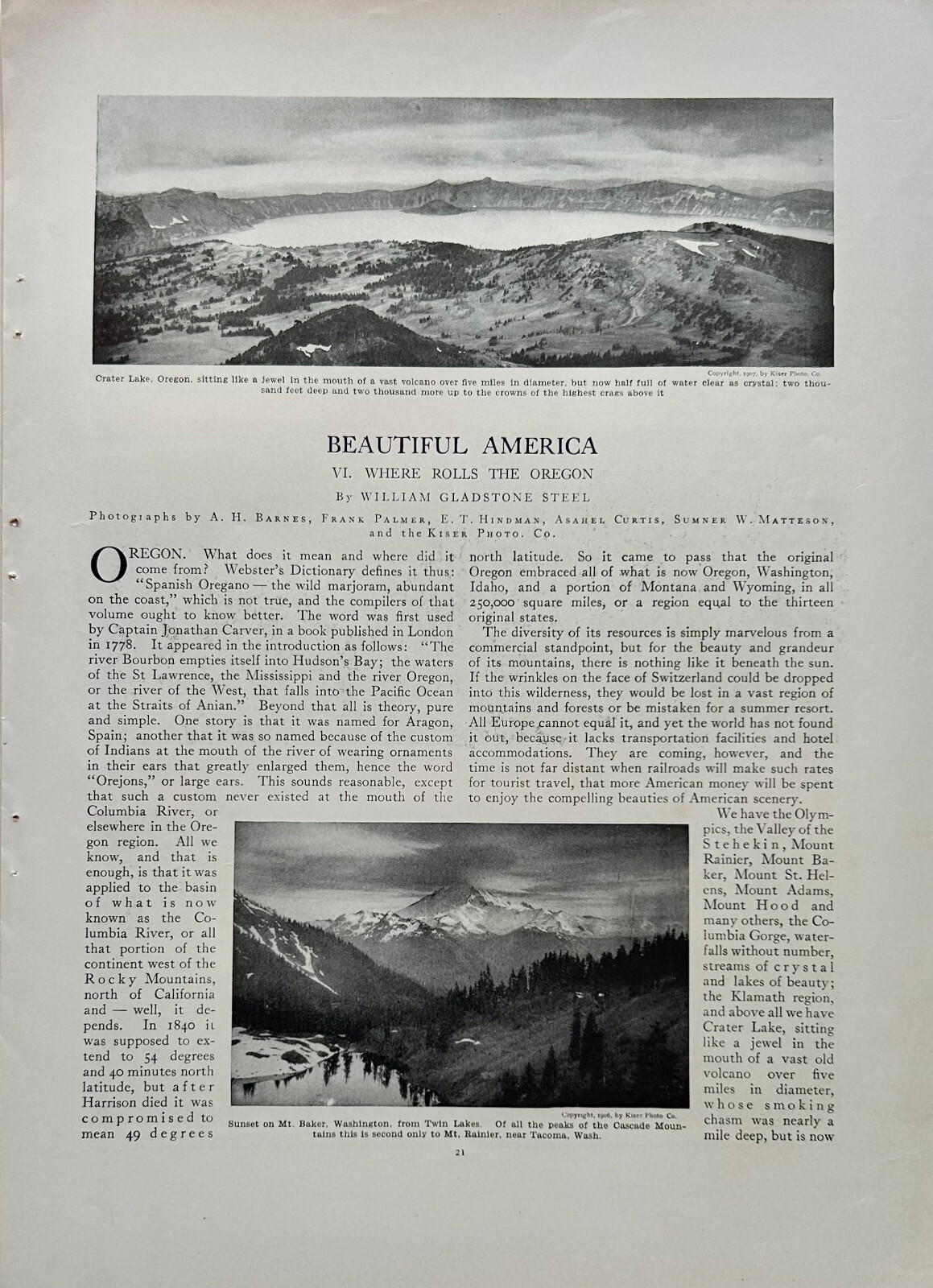 1912 Pictorial  Article Oregon Washington Deming Glacier Mt Baker, Hood, Rainier
