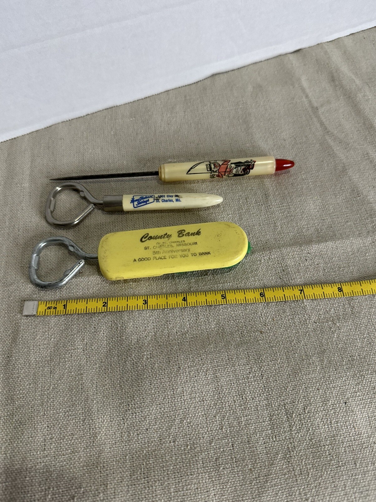Vintage Advertising Ice Pick And Bottle Openers St Charles Missouri Yellow White