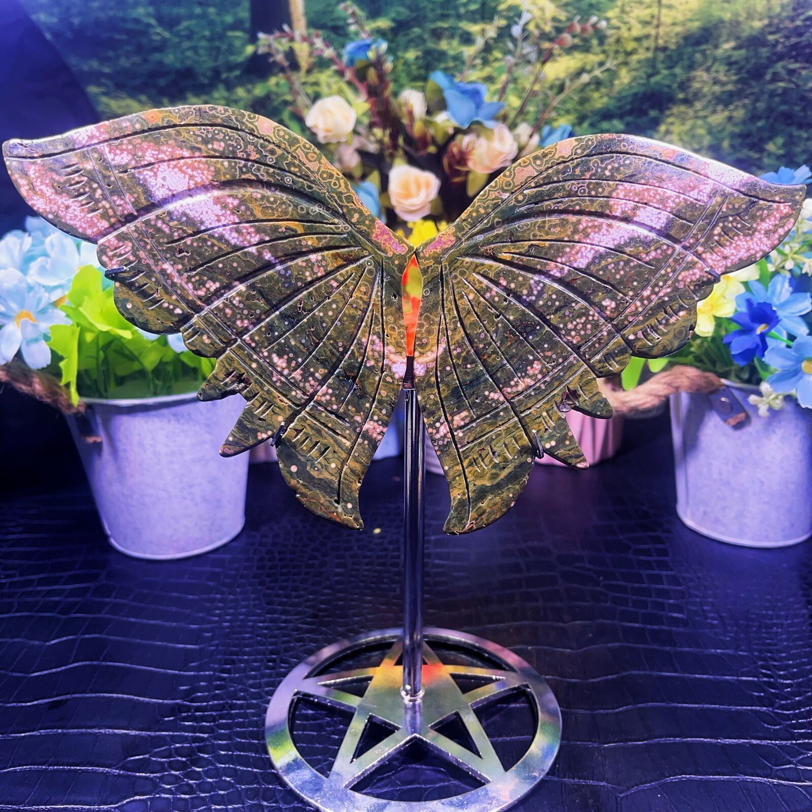 TOP 368G Natural Handcarved Ocean Jasper Butterfly  wings Crystal Healing 5