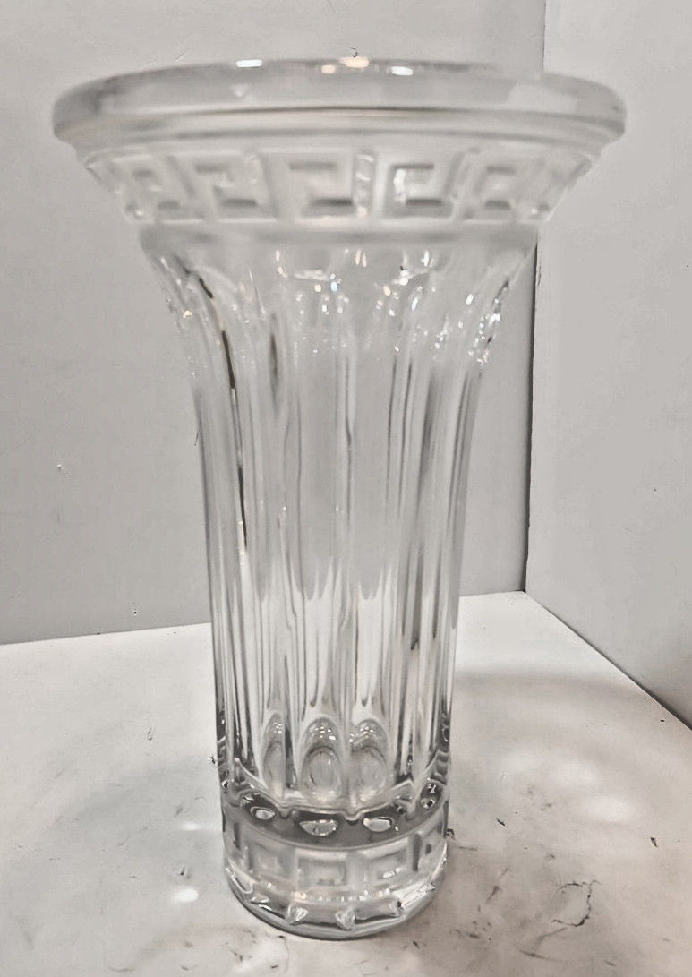 Vtg Stunning Design Guild Clear Cut Crystal Trumpet Vase w/Ancient Greek Motif