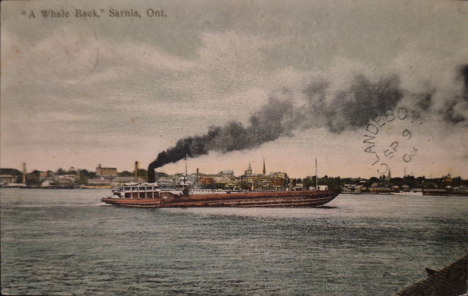 CA CLANDEBOYE & BRINSLEY Split Ring DPO, WHALE BACK SHIP Postcard 1908 Canada