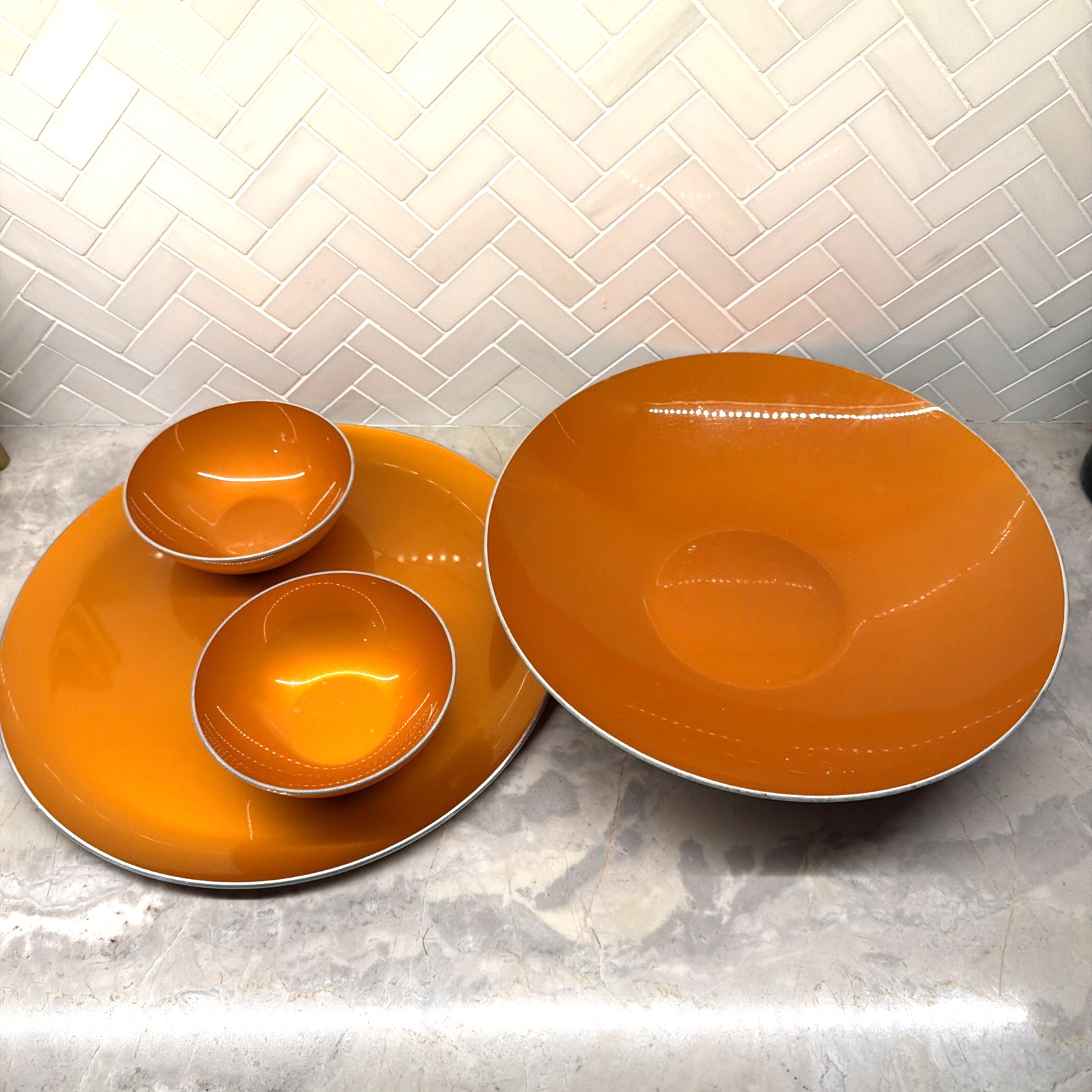 Vintage Emalox Aluminum Orange Plate Bowl 12” Diameter Silver Trim MCM Norway 5”
