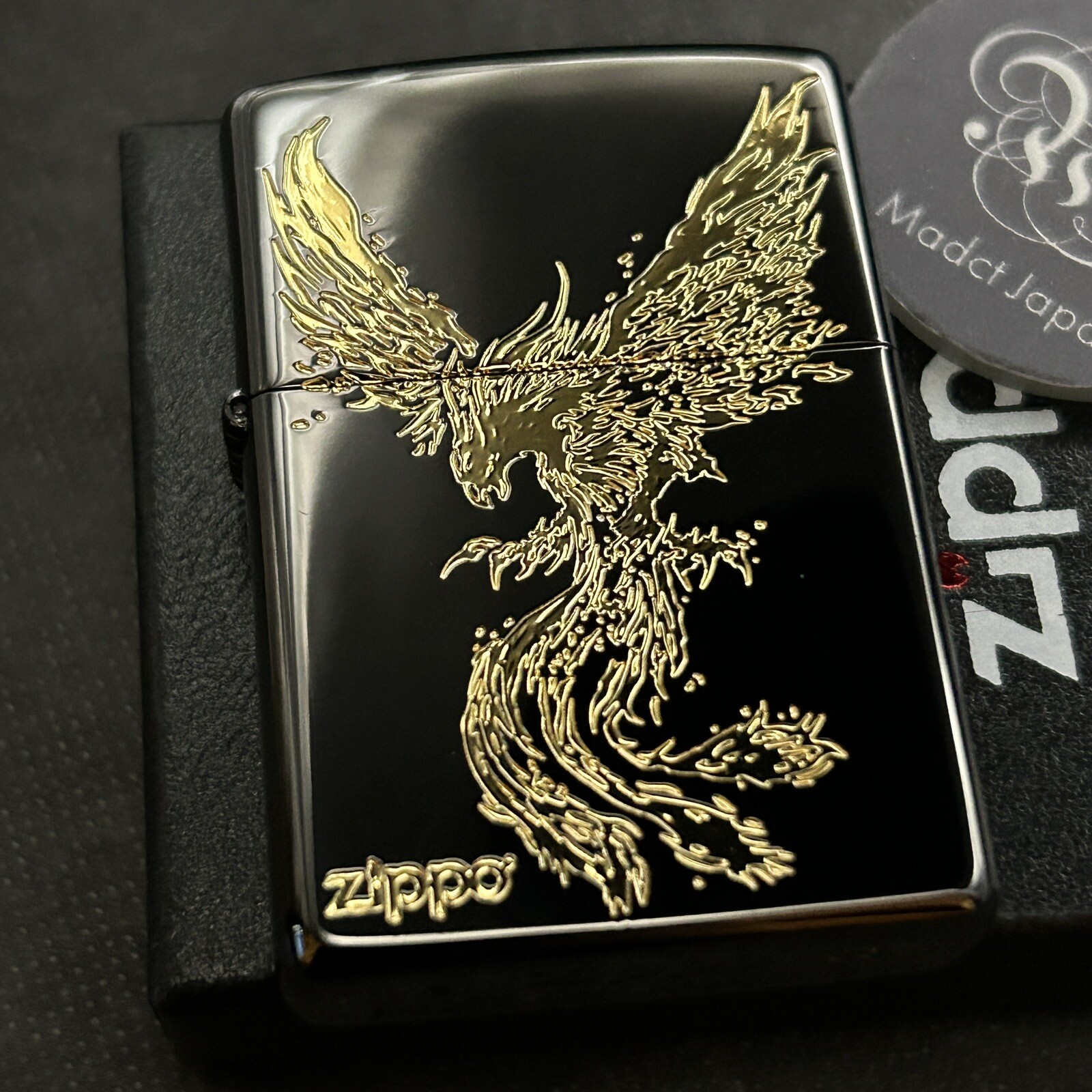 ZIPPO Lighter Phoenix Black Gold Japanese Pattern Black Nickel Gold Regular Case