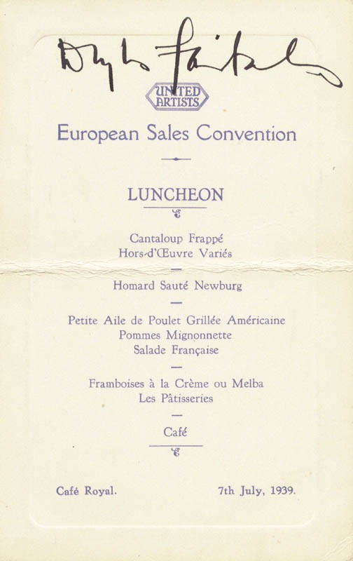 DOUGLAS FAIRBANKS SR. - MENU SIGNED 07/07/1939