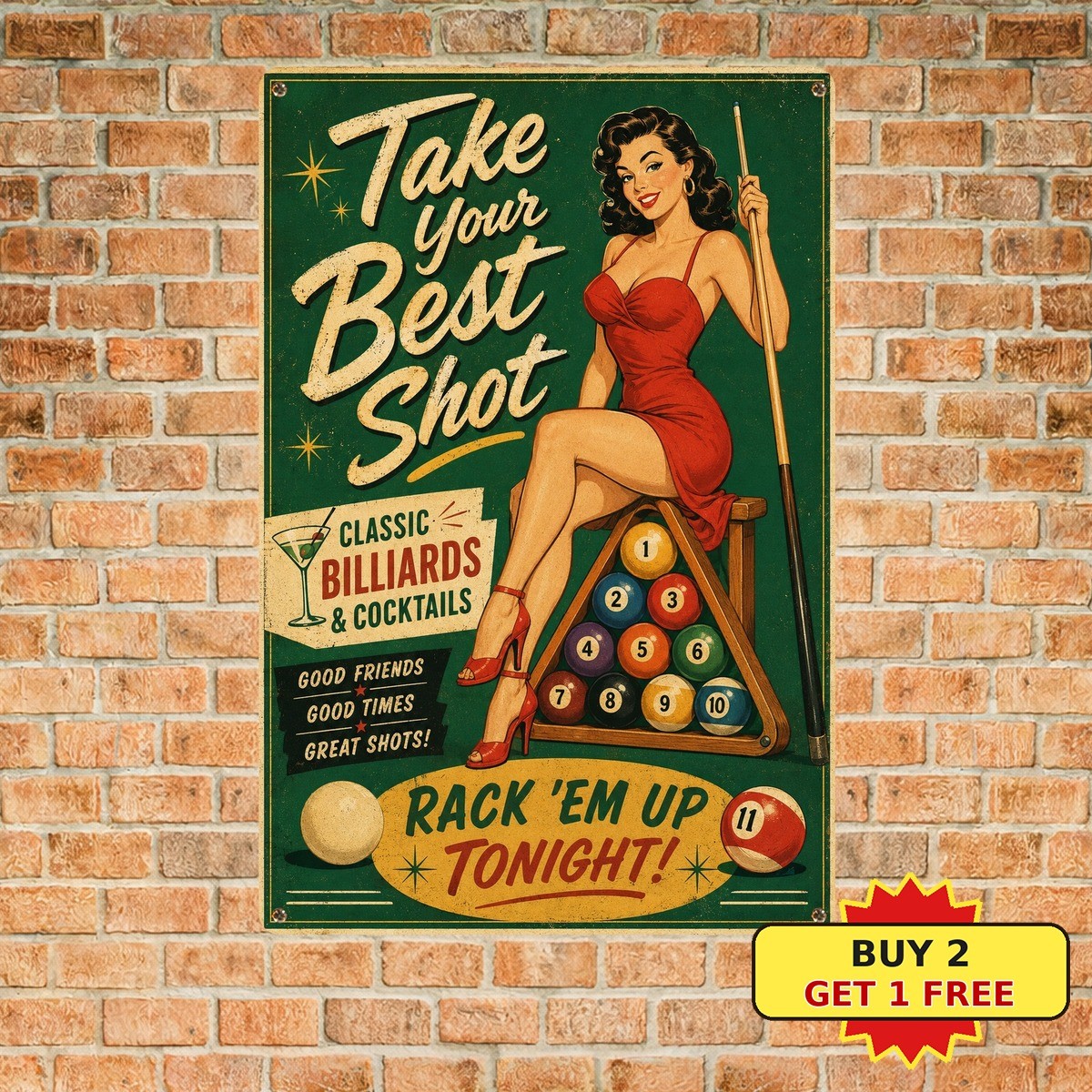 Retro Pinup Girl Playing Billiards Pool Table Man Cave Pub Bar Metal Sign 8x12