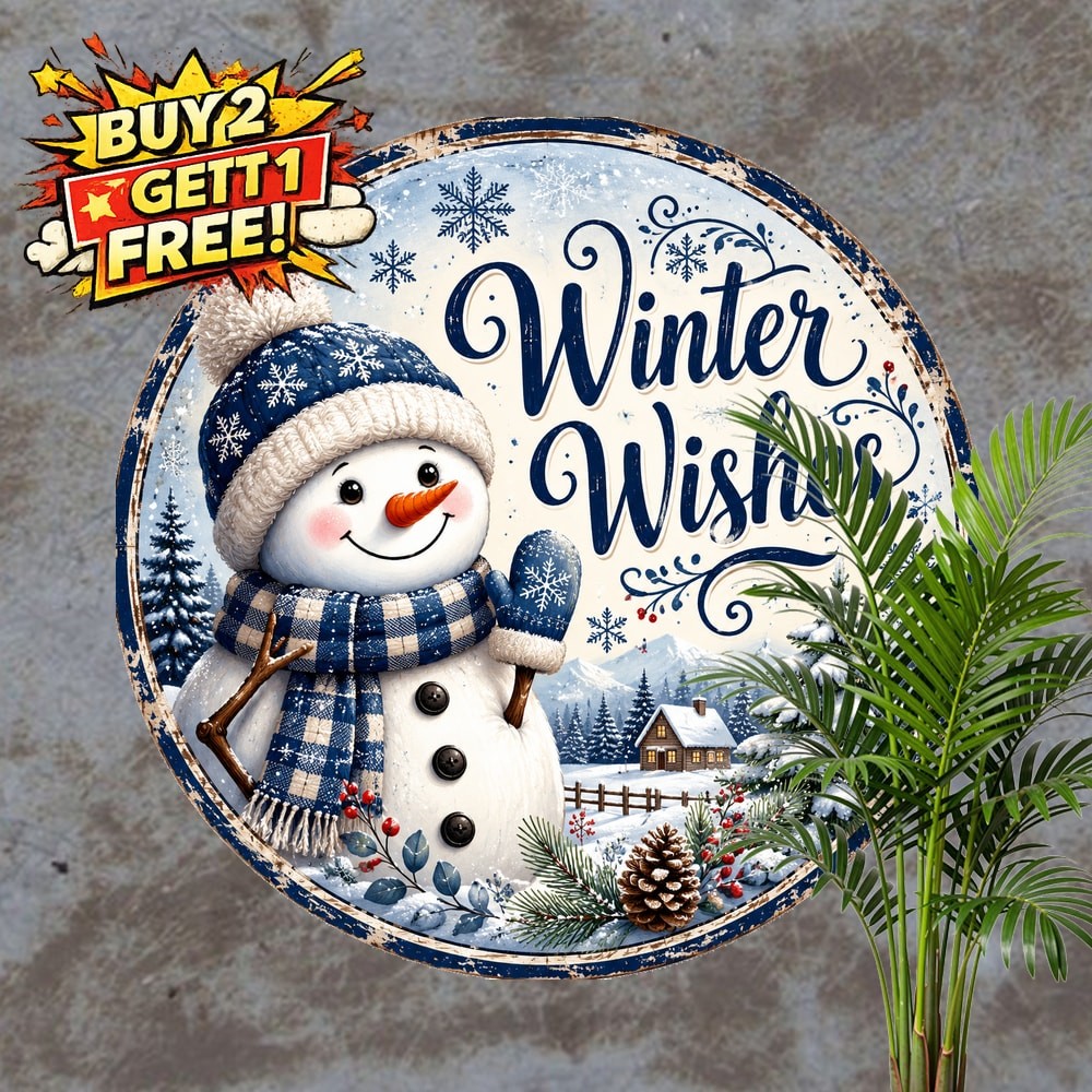 Snowman Winter Wishes Snowflakes Round Metal Sign Decor 8x8
