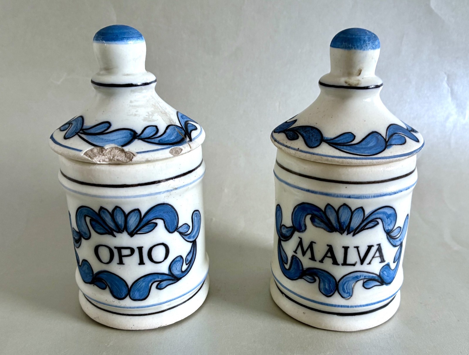2 Small Apothecary Jars OPIUM MALVE Handmade Painted Ceramic Vintage