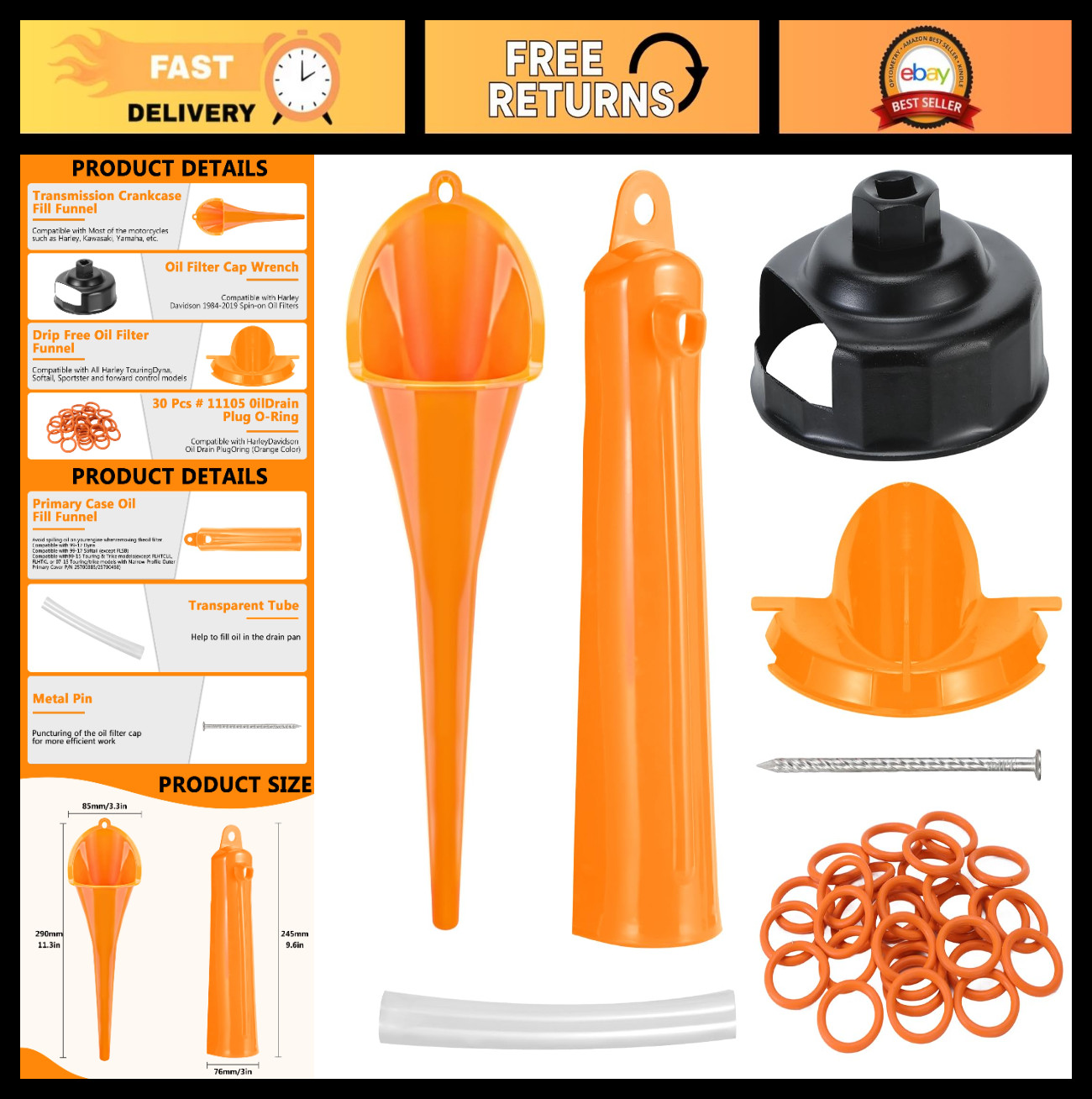 Complete Motorcycle Oil Change Kit - Filter Wrench, Fill Tools & 30 O-Rings