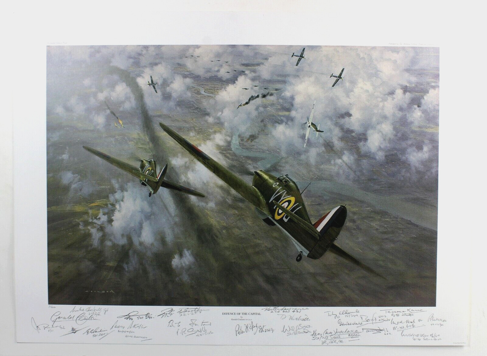 LTD ED print SIGNED by 21 BATTLE Britain airmen Gerald COULSON Defence Capital