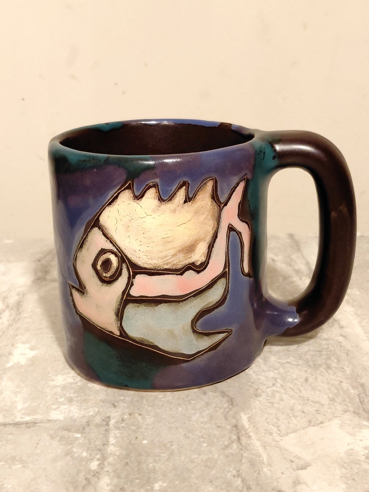 MARA Mexico Signed Fish and Sea Stoneware Coffee Cup Mug 16oz Folk Art Pottery 