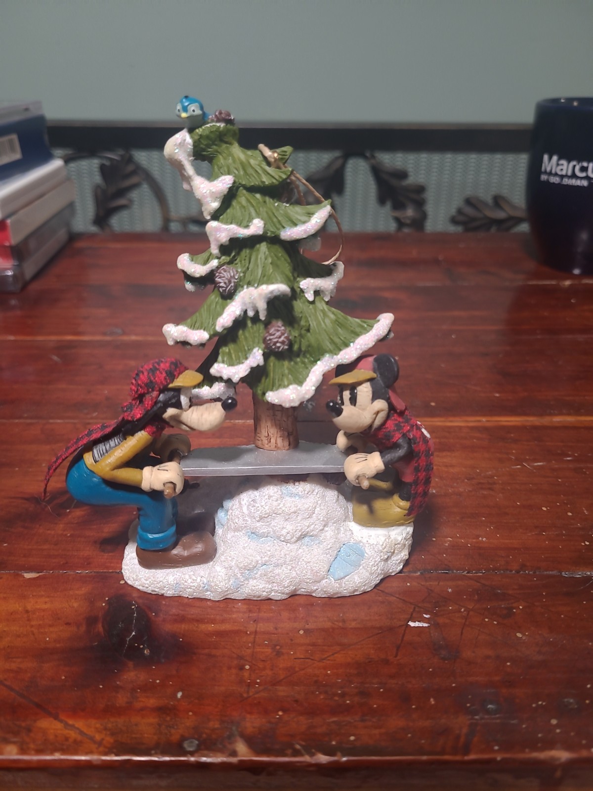 Retired Ceramic Walt Disney Mickey & Goofy Cutting Christmas Tree Ornament
