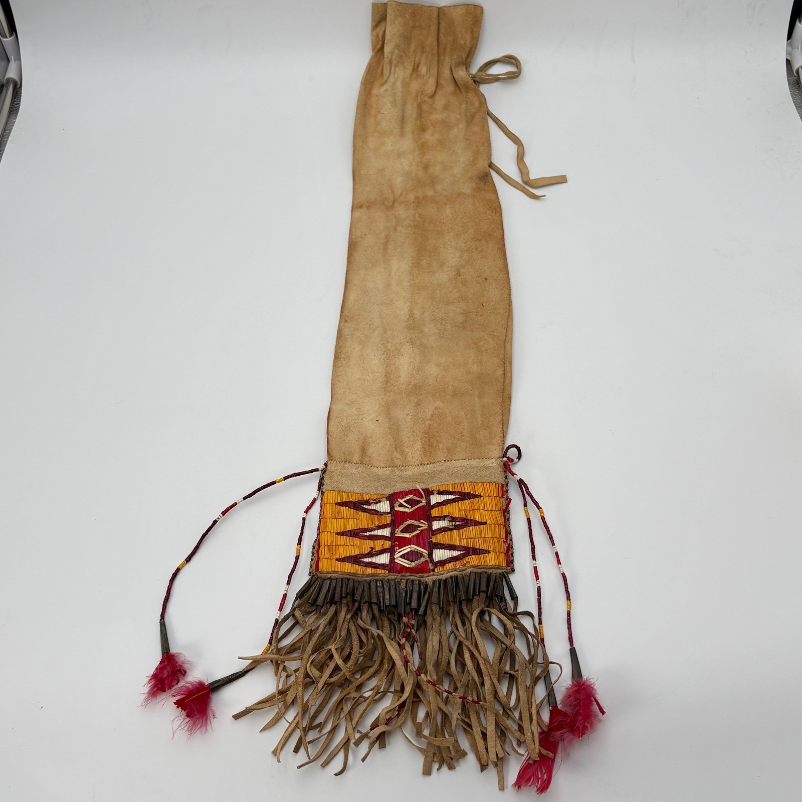 Handmade Dakota Buckskin Pipe Bag Vintage with Quillwork Fringe and Tin Cones