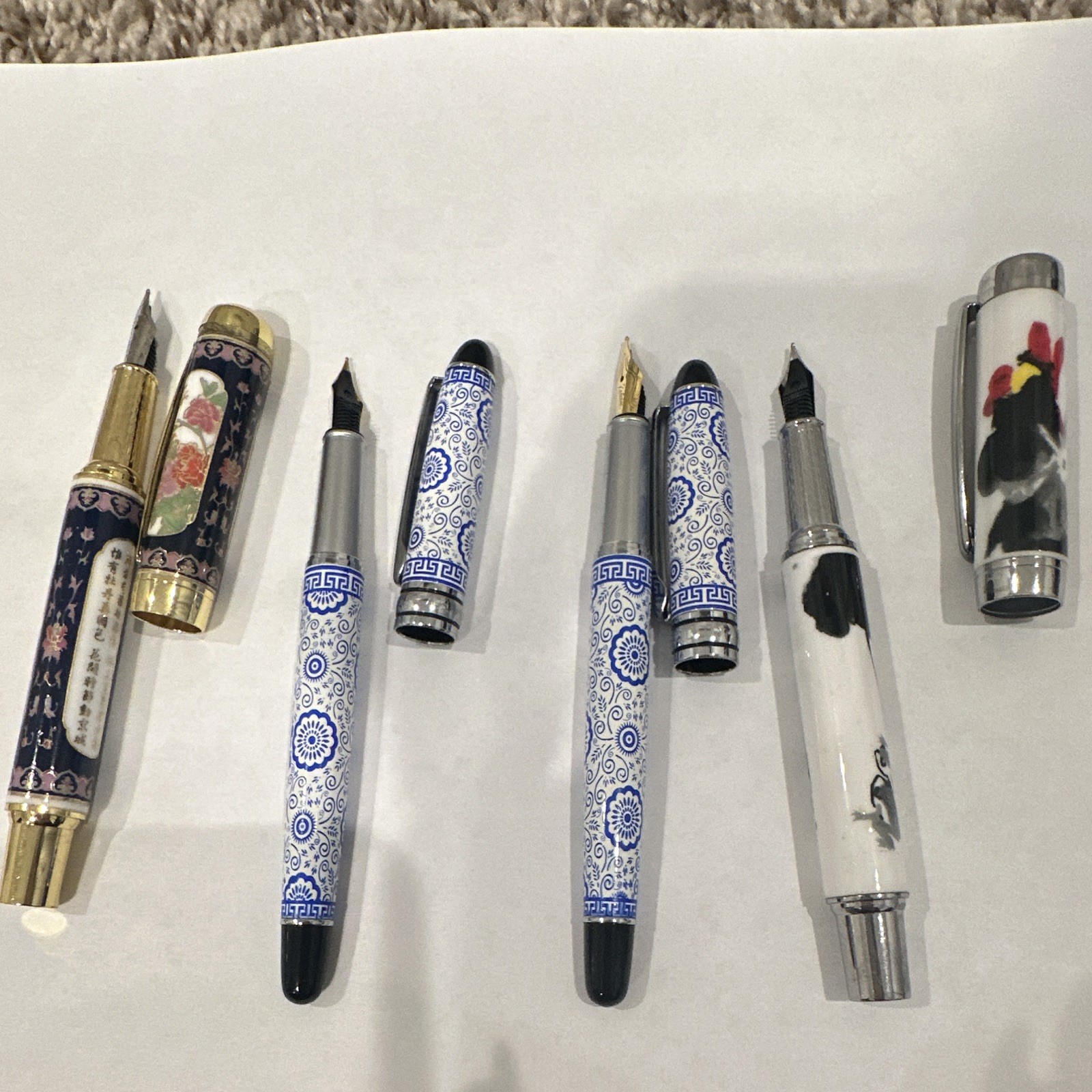 Lot of 4 Metal Fountain Pens Gold & Chrome Trim Blue/White, Floral, Rooster