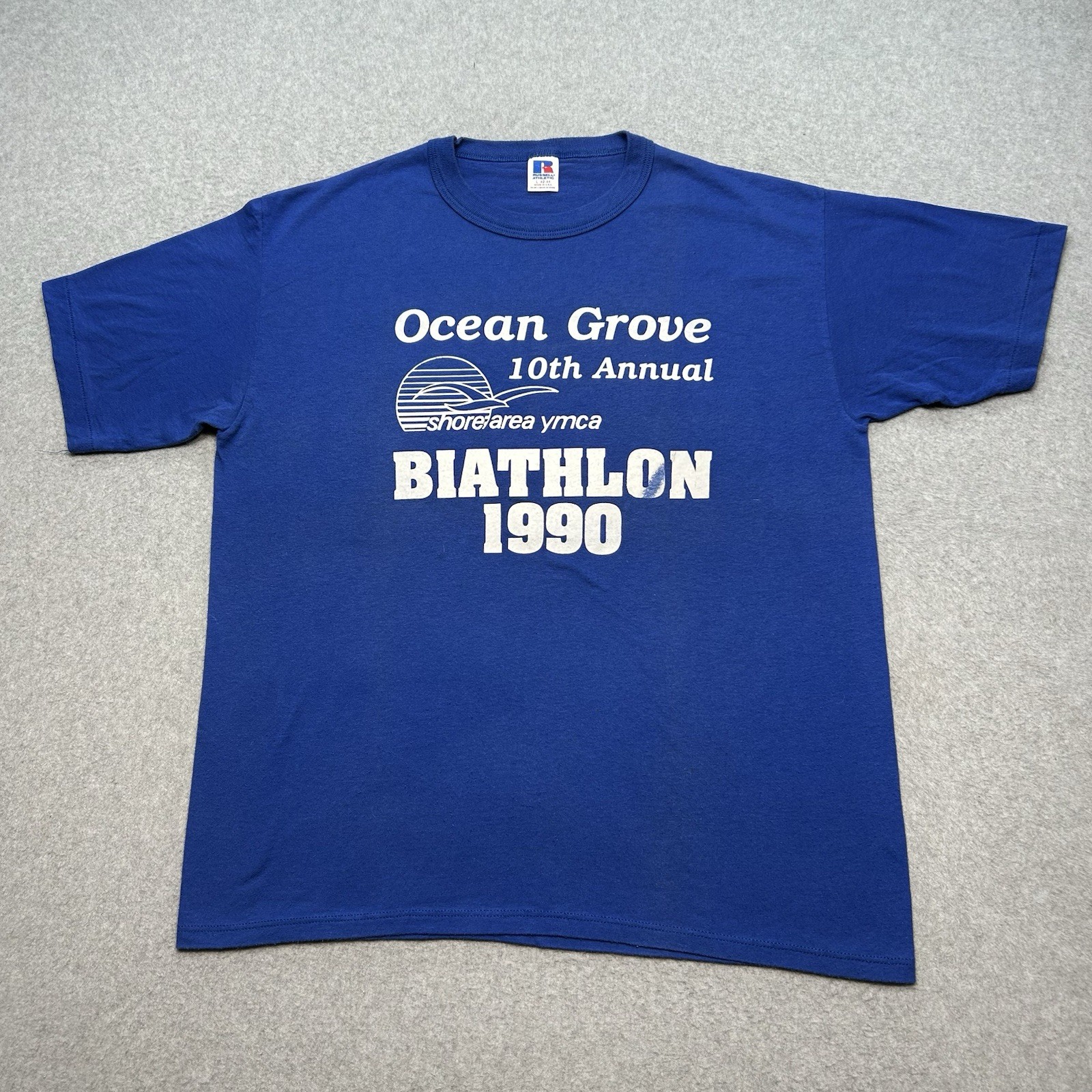 Vintage 1990 Ocean Grove Biathlon Size L Blue Made In USA Single Stitch