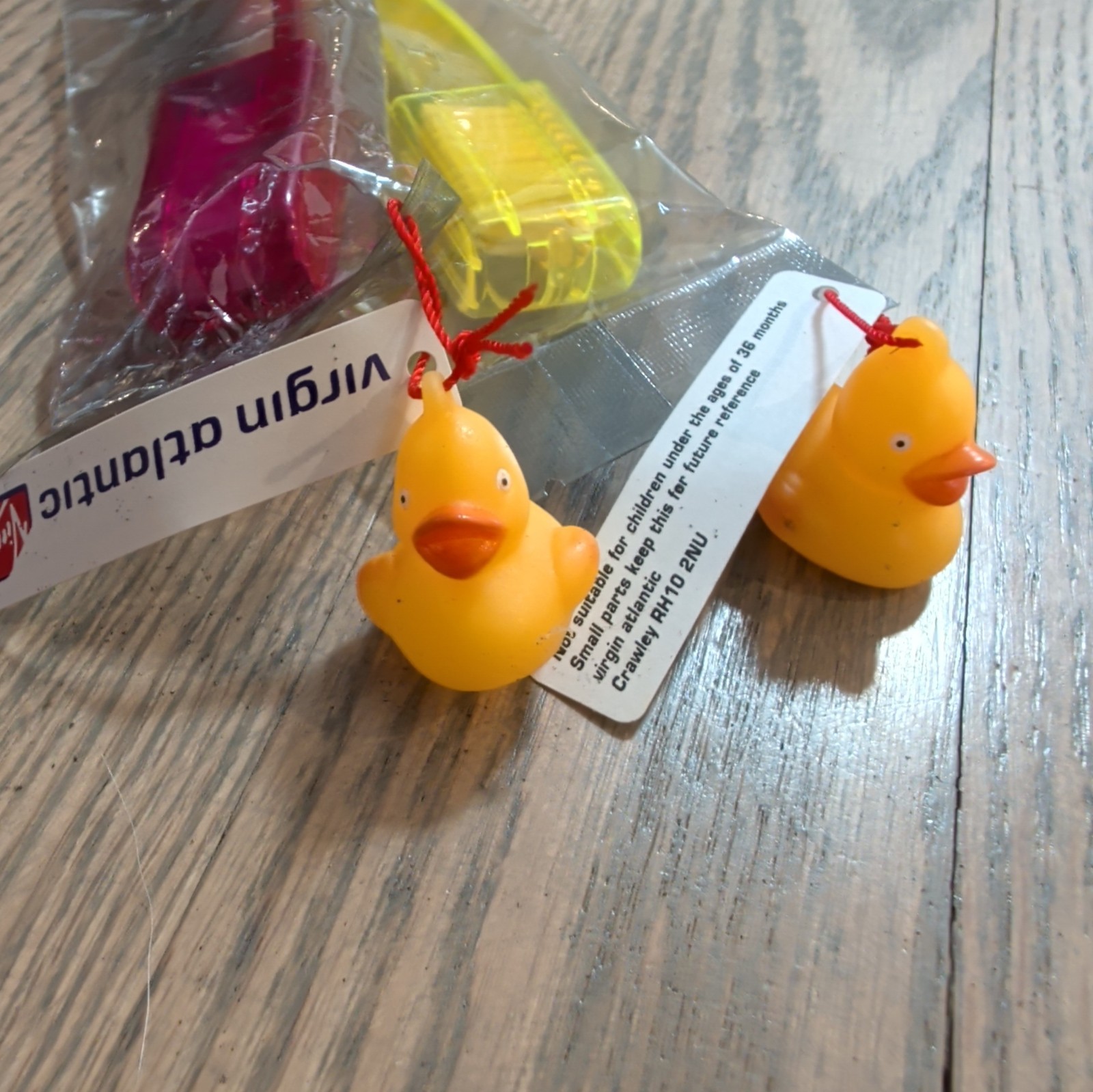 2 Virgin Atlantic airlines yellow 1 inch rubber duck ornaments collector 