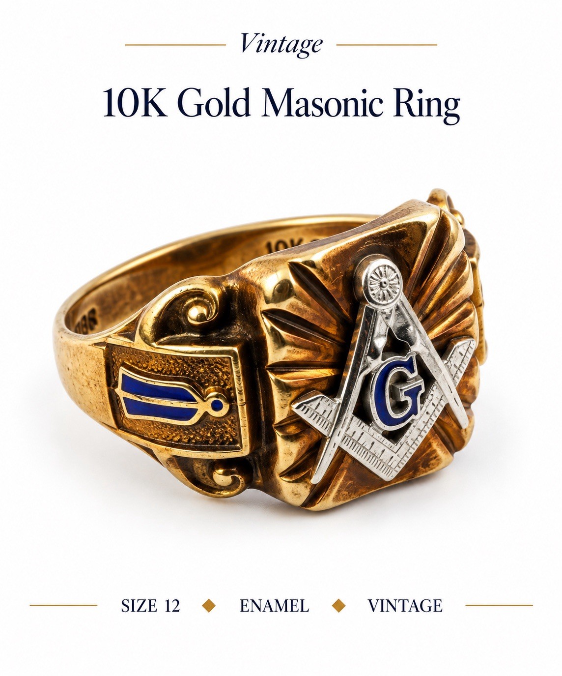 Vintage 10K Gold And Enamel Masonic Masons Ring Size 12