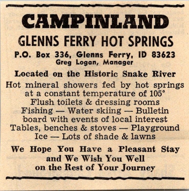 Campinland Glenns Ferry Hot Springs Greg Logan Glenns Ferry ID 1974 Ad TAK7-S8