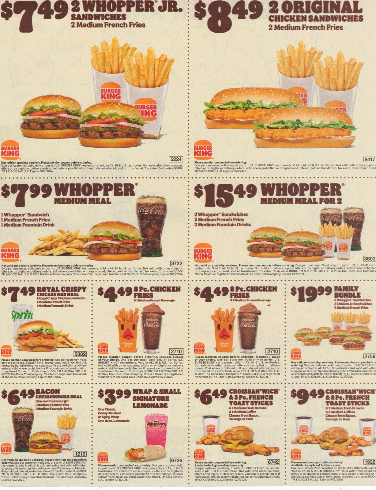 BURGER KING ADVERTISING 10/3/26 BK FAST FOOD AD MEDIA COUPONS