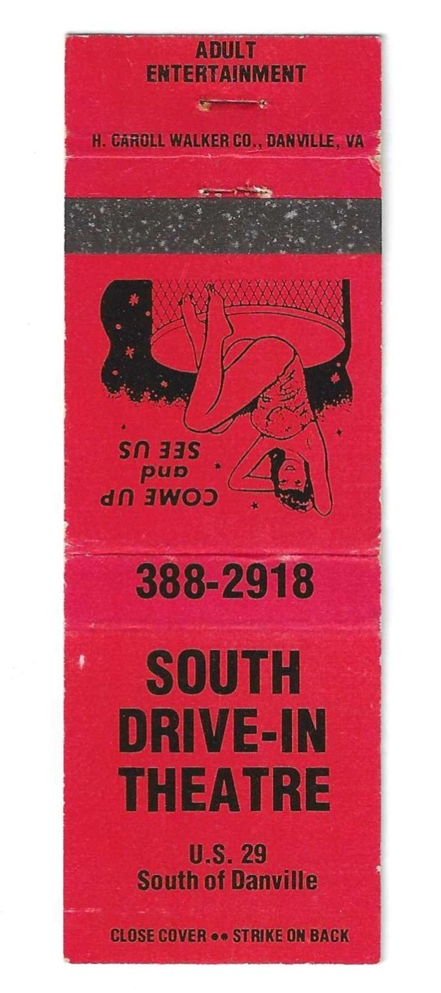 VINTAGE SOUTH ADULT DRIVE IN THEATRE MATCHBOOK COVER DANVILLE VA PELLHAM NC