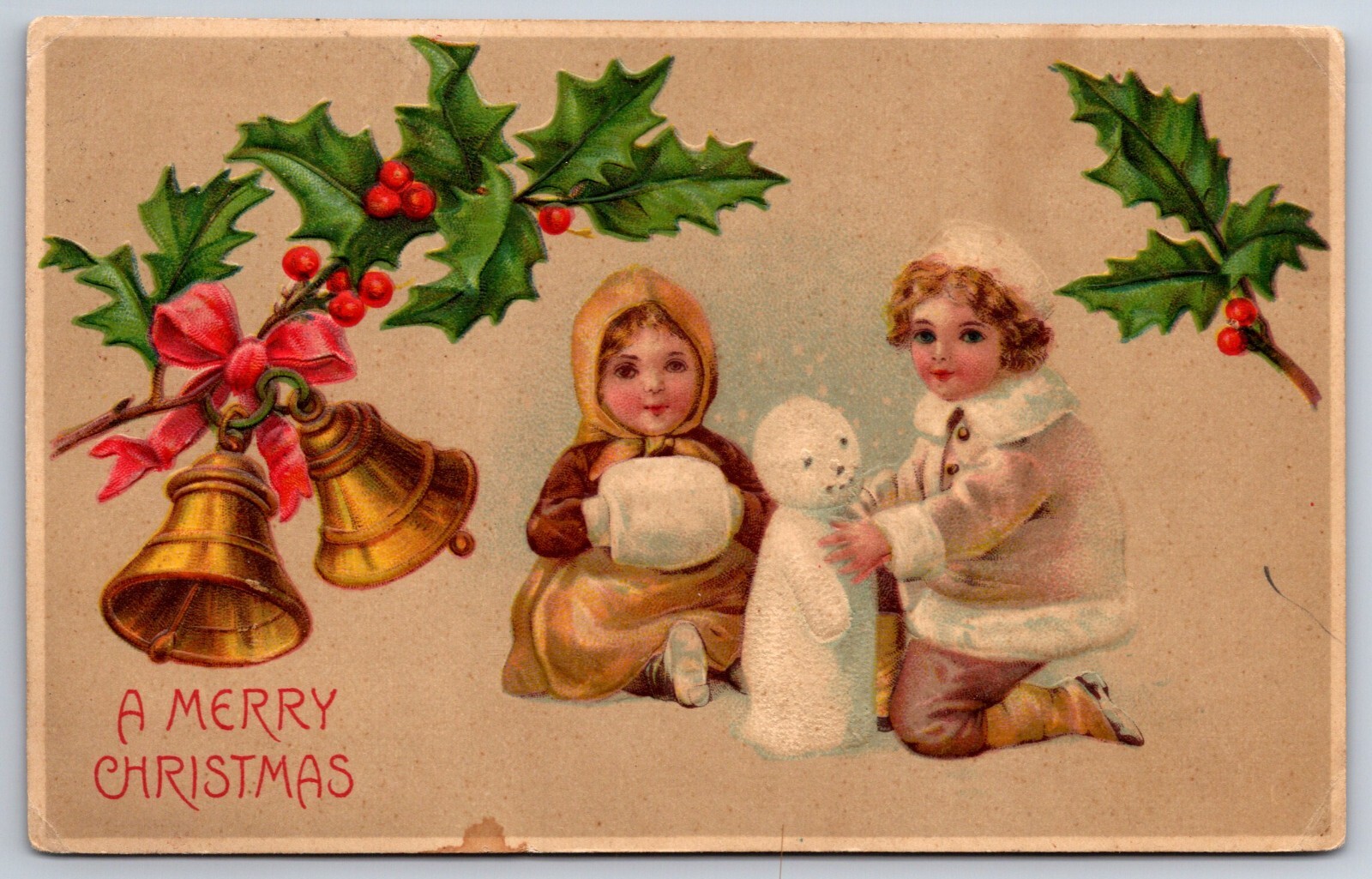 Christmas~Girl w/Muff Watches Boy Build Child Snowman~Bells & Holly~BW 296~1907