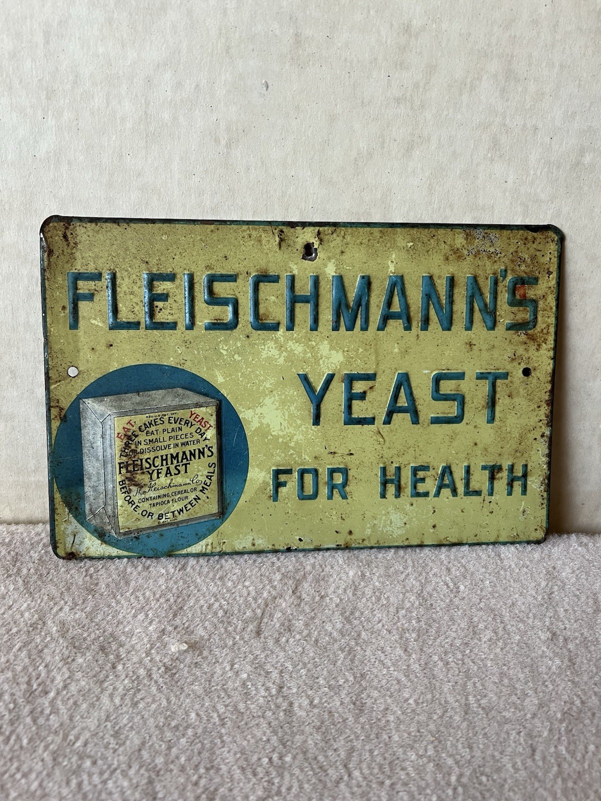 Antique Fleischmann’s Yeast For Health Embossed Tin Sign ~ Burdick Co, NY
