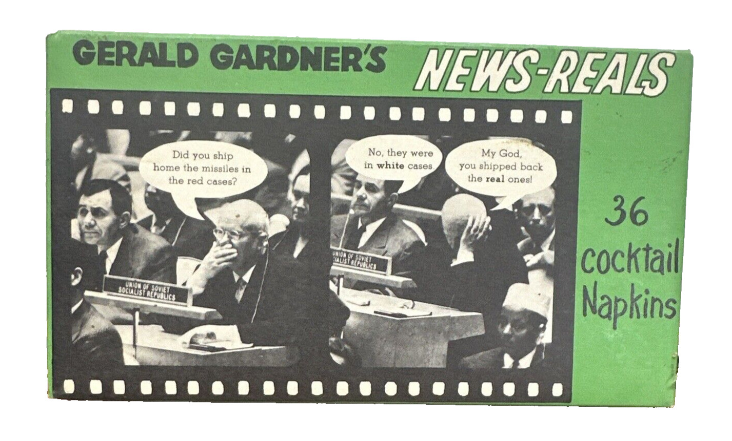 FUNNY 1960s Vintage Gerald Gardner's NEWS-REALS 36 Cocktail Napkins POLITICAL 