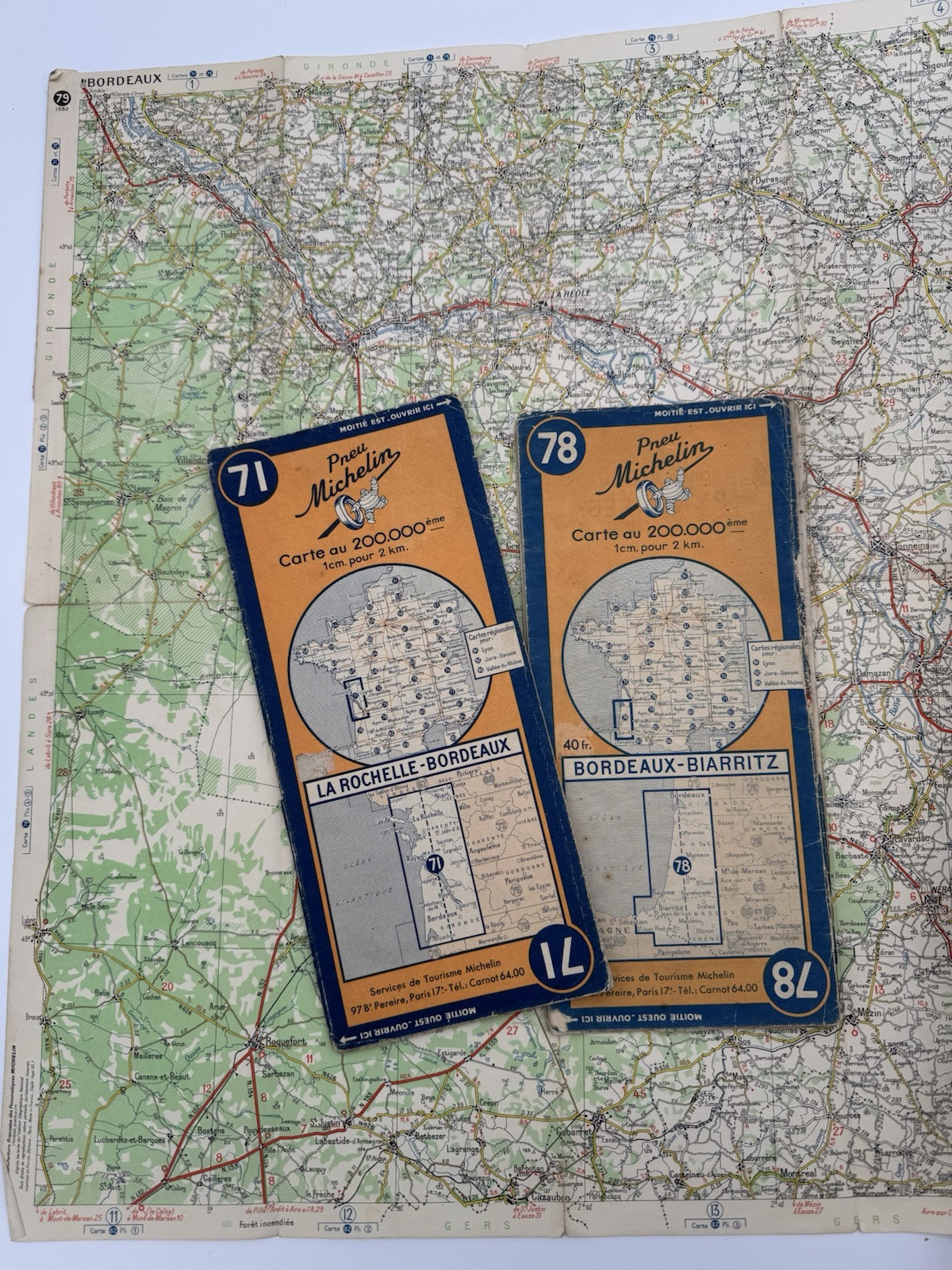 3 Michelin Cards No. 71, 78, 79. Bordeaux-Biarritz-La Rochelle-Montauban. 1951