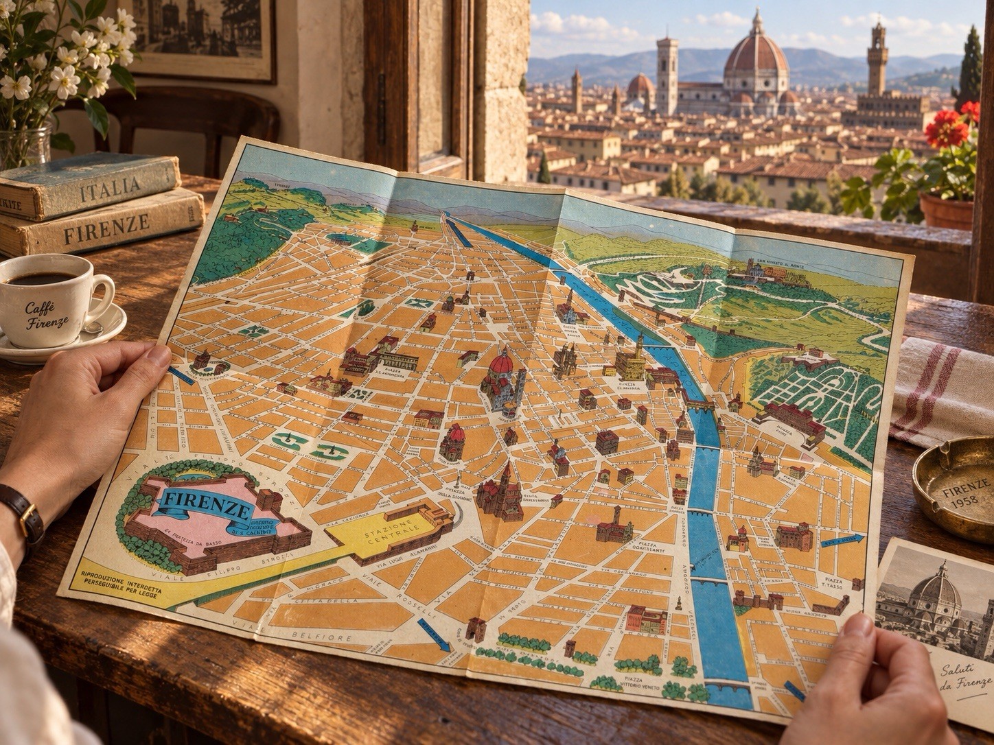 Vintage 1957 Firenze Florence Italy Pictorial Fold-Out Map S. Calvino