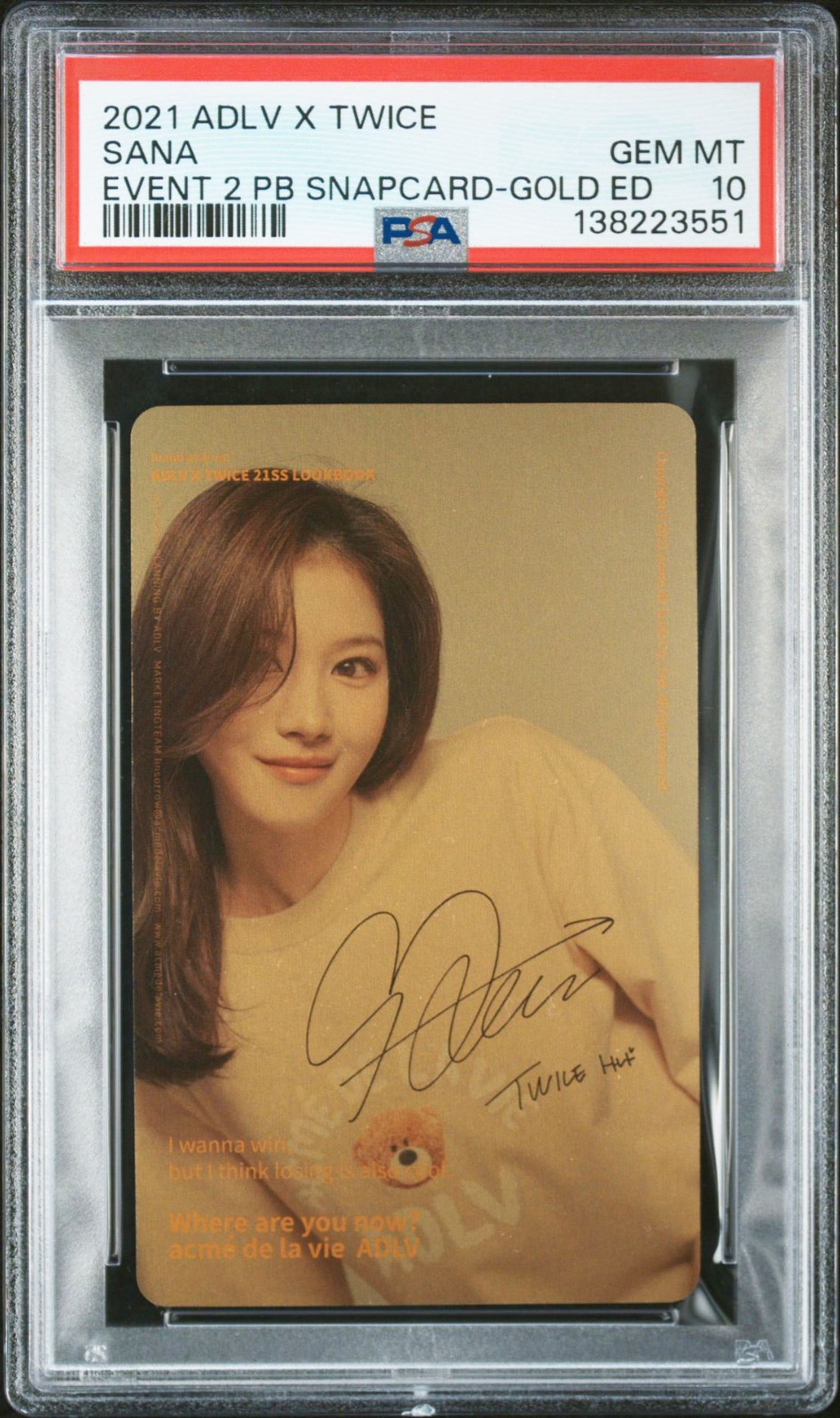 SANA TWICE X ADLV BONUS GOLD EDITION SNAPCARD GEM MINT PSA  10