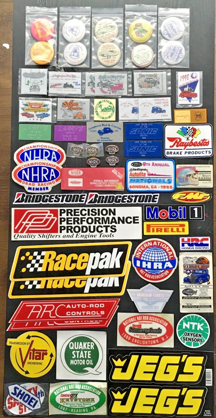 NHRA RACING LOT DECALS PINS BUTTONS DASH PLAQUES PATCH HOT ROD RAT DRAGSTER RACE
