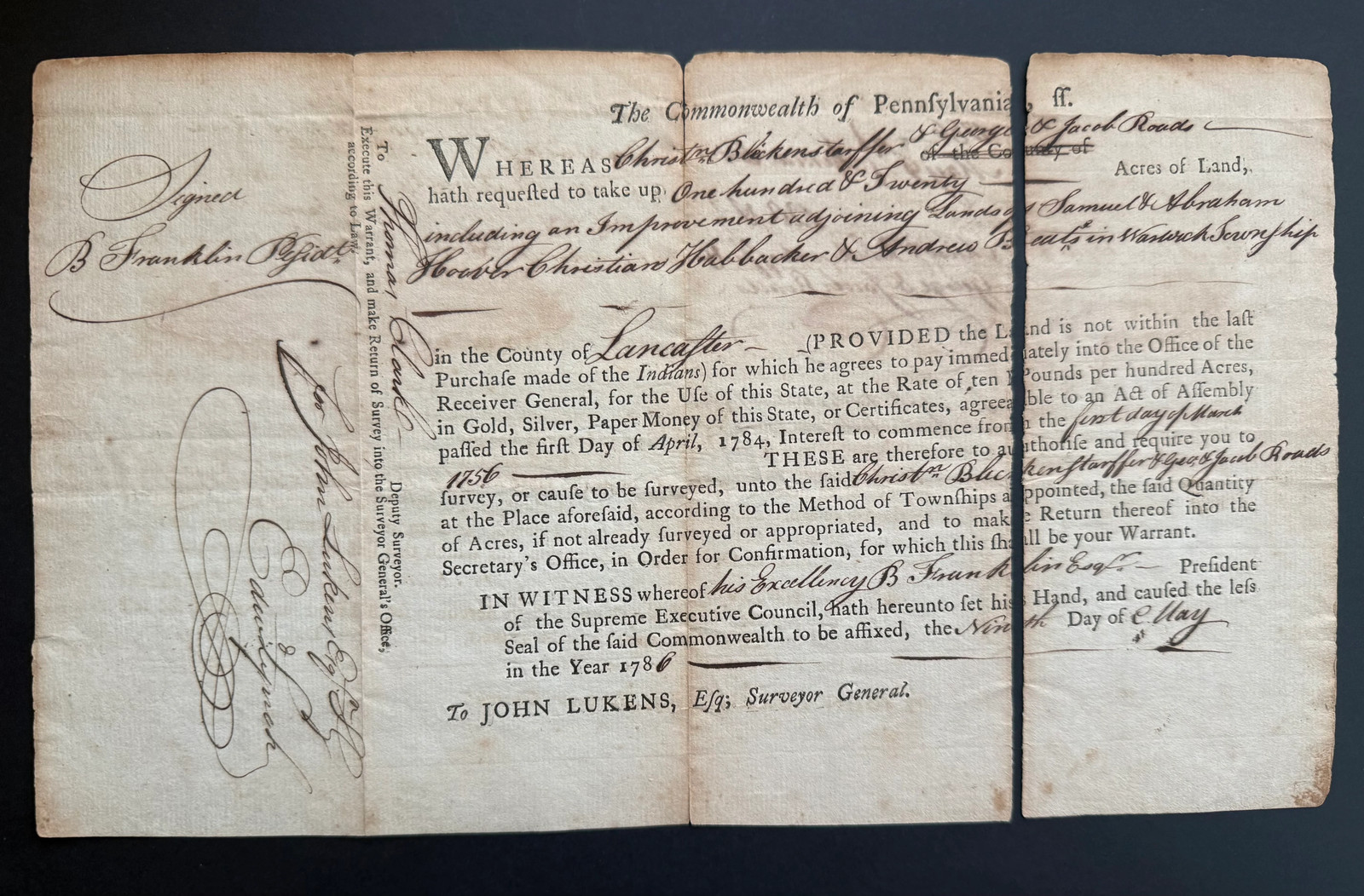 Benjamin Franklin Signed 1786 Pennsylvania Land Warrant – Lancaster County