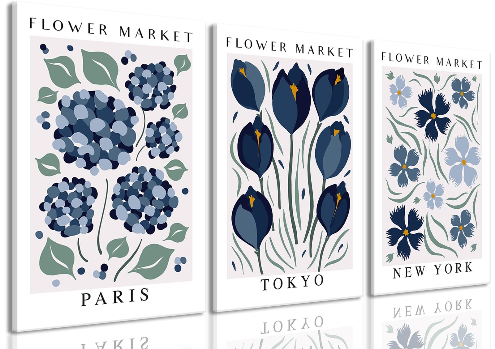 BingruiArt Flower Market Wall Art Navy Blue Canvas Set of 3 16x24 Framed